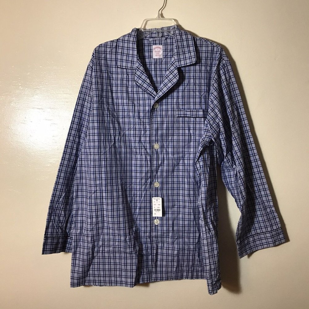NWT Brooks Brothers Blue Plaid Cotton Mens Pajama Button Down Top Large